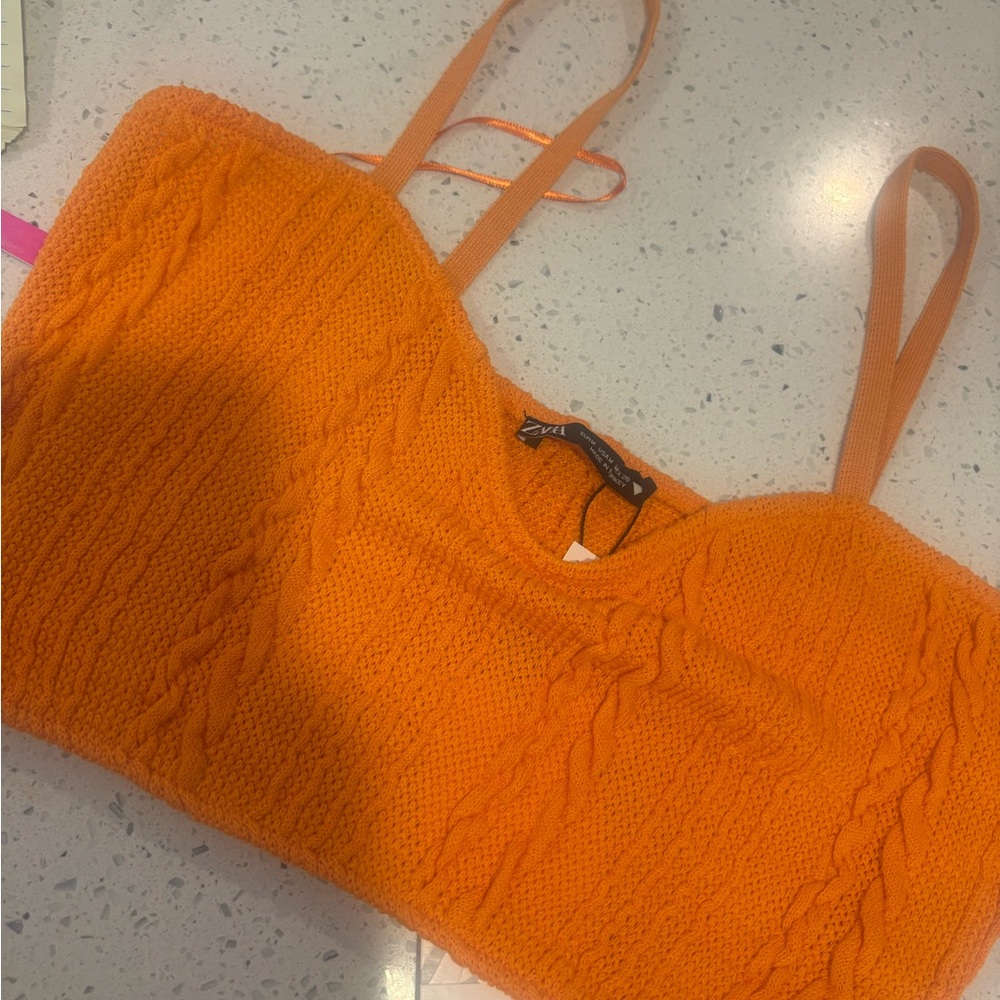 Bright Orange Knit Crop Tank Top